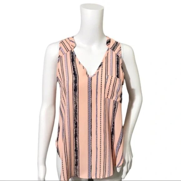 Lush Tops - Lush Peach Striped Geometric Print Sleeveless Top Sz-XS